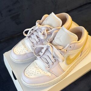 Jordan Low Top Sneakers - White, Pale Pink & Gold Swoosh